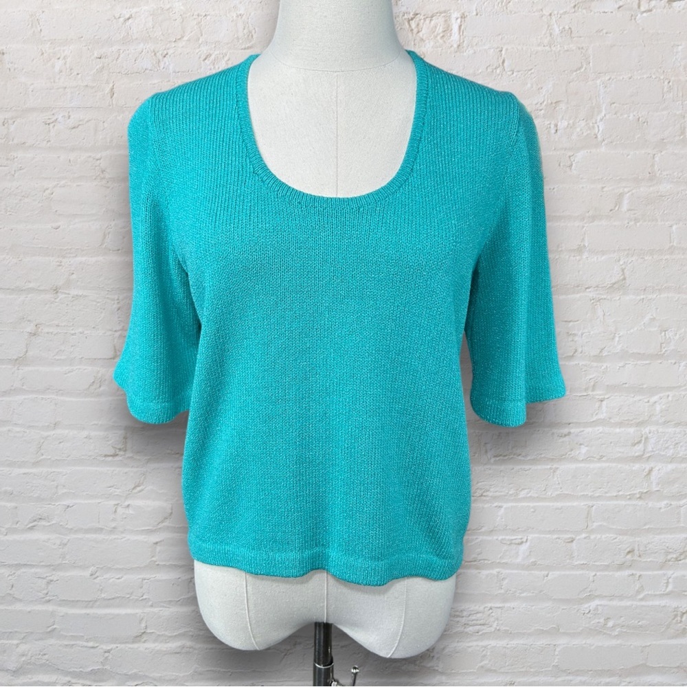 4/$20 Vintage Teal Knit Short Sleeve Sweater | Made in USA | Size S/M - Picture 3 of 5